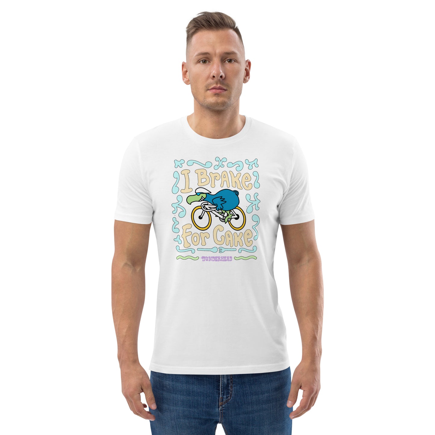 Cake Cycle T - [front: 'I Brake for Cake'] - [back: D Wing] - organic cotton