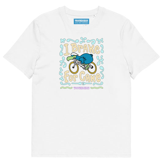 Cake Cycle T - [front: 'I Brake for Cake'] - [back: D Wing] - organic cotton